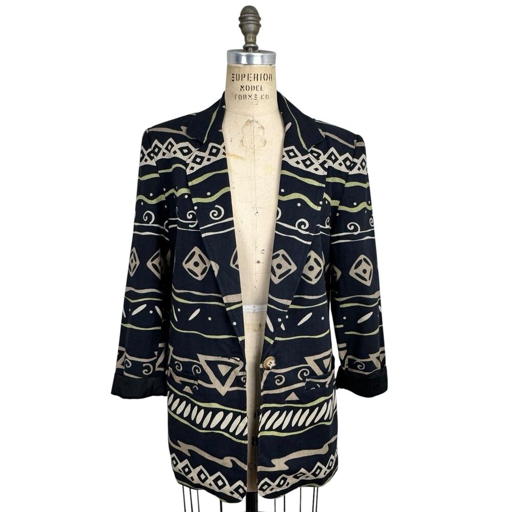 Vintage Rafaella Blazer Womens 8 Black Linen Cotton Southwestern Aztec Artsy 90s